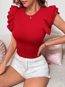SHEIN LUNE Women's Casual Fitted Cap Sleeve Knit Sweater, Versatile, Valentine's Day Couple Red Spring Crop Top, Summer, For Gifts New Year - Red - View 4