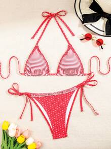 Swim Mod Damen gestreifter Bikini mit Neckholder, süßer, lässiger, eleganter Badeanzug, Sommer Strandoutfit - Rot - Übersicht 4