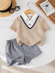 SHEIN 2pcs Baby Boy Casual School Style Short Sleeve Top And Shorts Set, Suitable For Summer, Suitable For Birthday Party, Evening Party, Performance, Wedding, Baby Shower, 1 Year Old Celebration