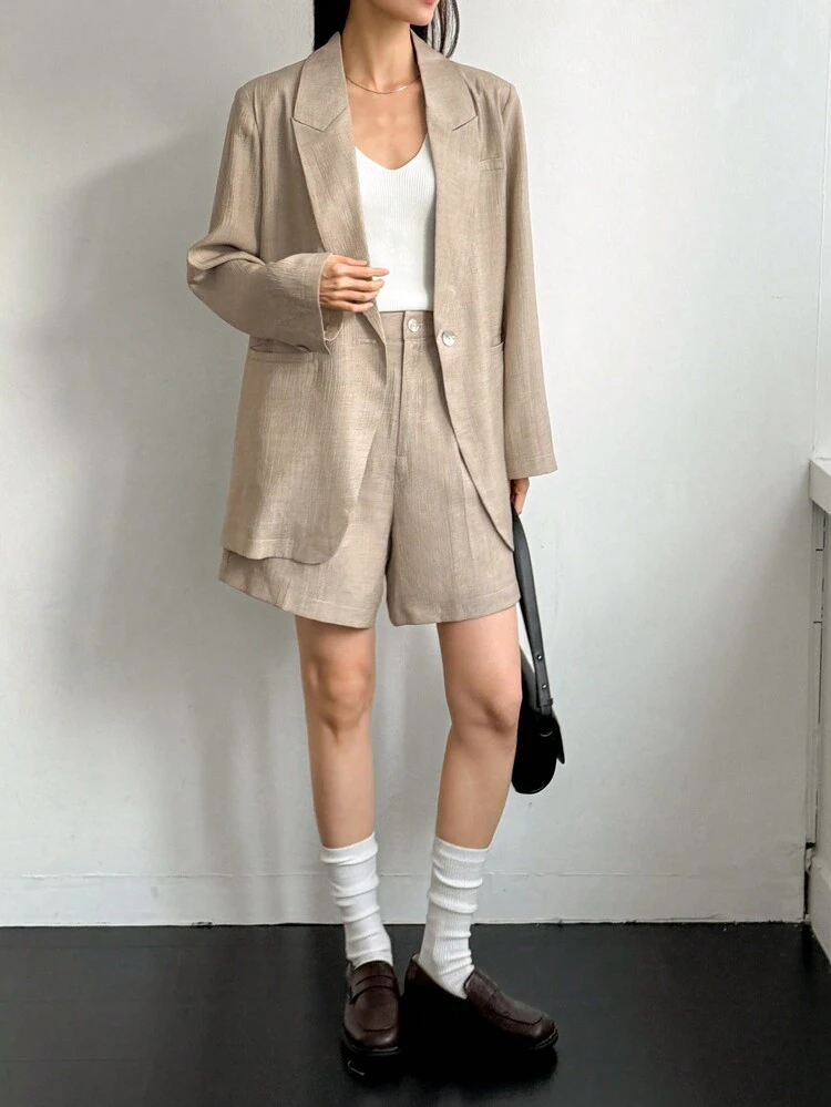 Loose & Minimalist Business Casual Suit Set: Blazer And Straight Knee Length Pants For Women Old Money Linen