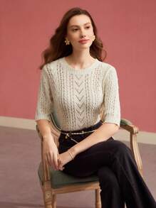 MOTF PREMIUM POINTELLE KNIT ROUND NECK KNIT TOP KNIT PULLOVER FALL WINTER - Beige - View 6