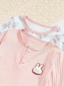 Seturi de 4 bucăți pentru nou-născuți fetițe, top cu mâneci lungi din catifea groasă cu nervuri și pantaloni pentru acasă, cu imprimare iepure - Multicolor - Vizualizare 7