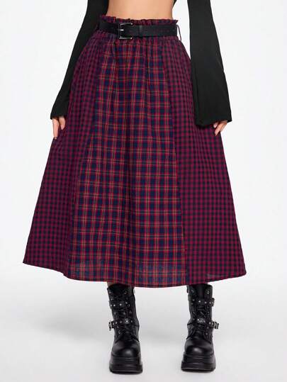 Grunge Punk Valentine's Day Leisure Vintage Red Plaid Patch Belt Decor Women High Waist Maxi Skirt