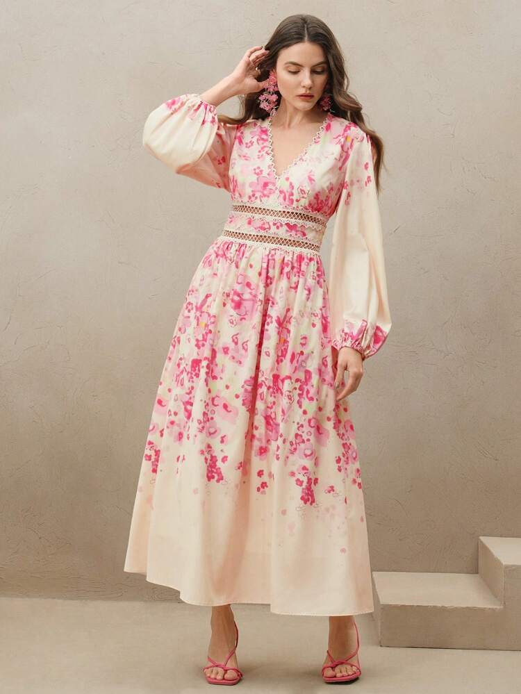 Anewsta Women's V-Neck Long Sleeve Simple Pink Valentine's Day A-Line Long Dress Floral Dress