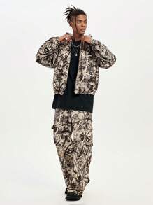 Manfinity RebelGame Men's Digital Print Loose Fit Long Sleeve Jacket & Outerwear, For Fall Winter - Khaki - View 1