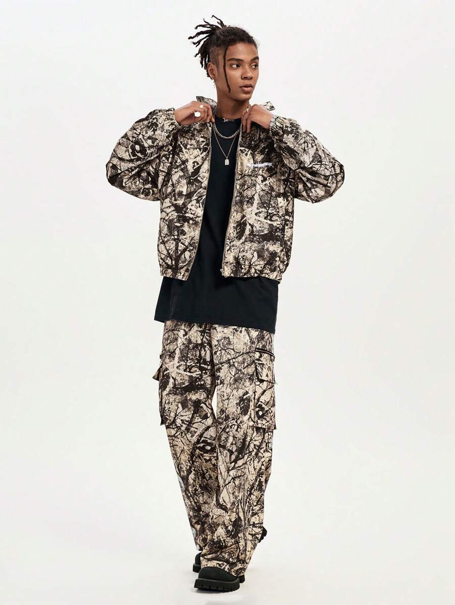 Manfinity RebelGame Men's Digital Print Loose Fit Long Sleeve Jacket & Outerwear, For Fall Winter - Khaki - View 1