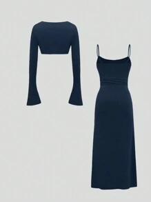 Sweetra 女士純色細肩帶連衣裙和喇叭袖上衣套裝 - 藏蓝色 - 查看 2