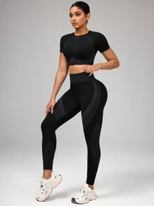 Easithlete Women Casual Round Neck Short Sleeve Top And Long Pants Sportwear Set Workout Women Setwomen Workout Set - Black - View 5