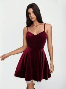 SHEIN Unity 女士纯色拼接细肩带休闲迷你酒红色返校节连衣裙 - 酒紅色 - 查看 6