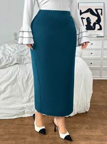 SHEIN Privé Jupe crayon mi-longue ajustée taille haute grande taille - Bleu canard - Voir 4