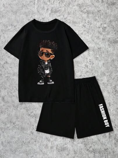Coolqubz 青少年男孩卡通人物印花圆领短袖 T 恤和短裤休闲套装
