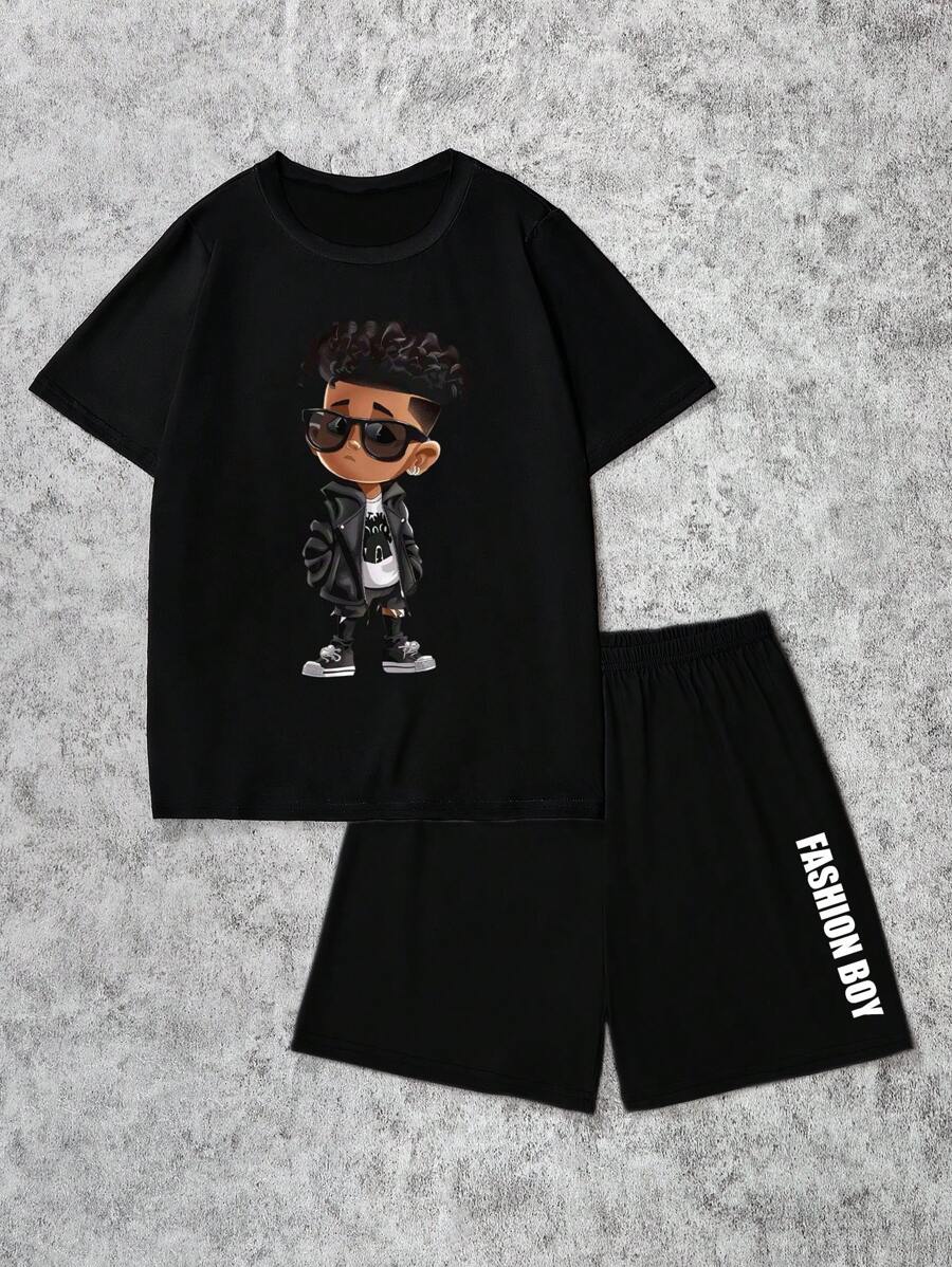 Coolqubz Áo thun cổ tròn tay ngắn in hình nhân vật hoạt hình & quần short bộ đồ thường ngày cho bé trai tuổi teen - màu đen - Xem 1