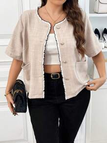 SHEIN Frenchy Plus Size Elegant Floral Splice Casual Long Sleeve Jacket, Suitable For Office Commute And Daily Wear,Summer Women Tops Fall/Winter - Khaki - View 3