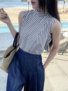 DAZY Comfortable City-Style Striped Sleeveless Blouse For Women, Summer - Grey - View 6