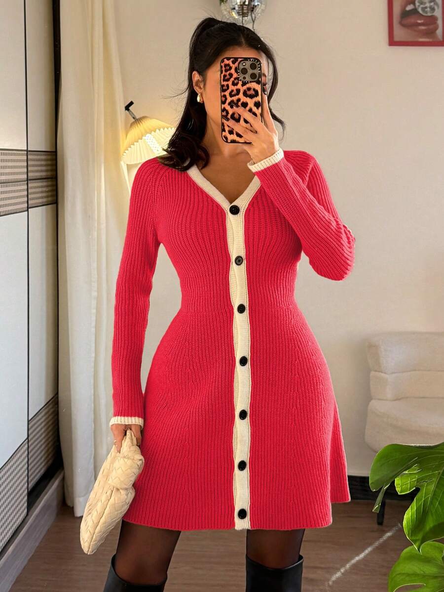 SHEIN Unity 优雅修身 V 领长袖拼色边饰 A 字形针织毛衣连衣裙,女式,秋冬 - 紅色 - 查看 1