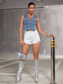 SHEIN BAE Áo ghi lê denim giản dị cài nút phía trước dành cho nữ - Màu xanh lam - Xem 3