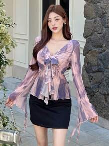 DAZY All-Over Floral Print V-Neck Tie Front Flare Sleeve Blouse For Women,Ruffle,Fall Women Clothes Long Sleeve Top - Purple - View 5