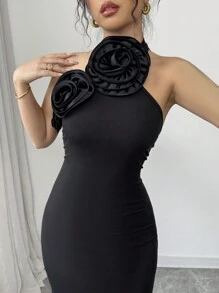 SHEIN Unity Women's Elegant Black Long Formal Dress,Halter Neck Floral Decor Bodycon Stretchy Autumn Evening Dress,Fashion Dining Fall Cloth For Women - Black - View 6