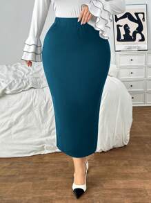 SHEIN Privé Jupe crayon mi-longue ajustée taille haute grande taille - Bleu canard - Voir 6