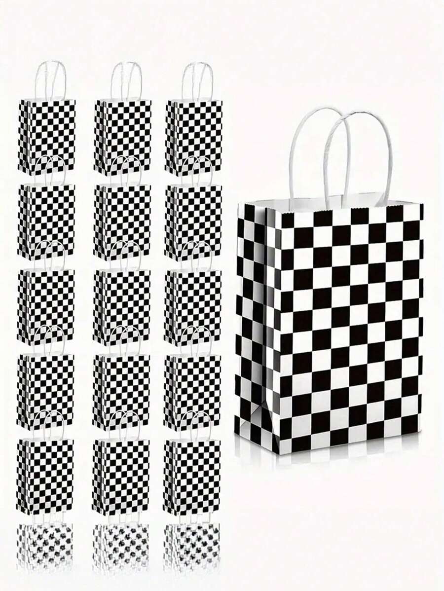 8pcs Racing Delight - Black & White Checkered Candy Bags With Handles - Party Favors For Race Car Themed Birthday Celebrations, Unisex Craft Tote & Gift Bags,Christmas