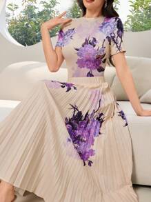 Modelyn 2pcs/Set Women Elegant Floral Print Short Sleeve Top And Pleated Skirt