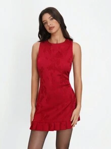 SHEIN Unity Women Plain Round Neck Sleeveless Simple Short Casual Dress - Burgundy - View 6