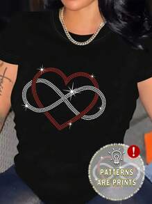 SHEIN Women's Heart Patterned T-Shirt With Rhinestone Embellishment Graphic Tees Women Tops - Black - View 1