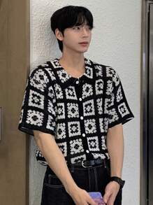 DAZY 男士提花图案开衫，短袖休闲针织上衣，适合夏季、秋季服装