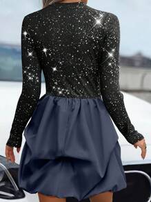 SHEIN PETITE Vestido de satén de manga larga con toque de globo y parches de unicolor para mujer