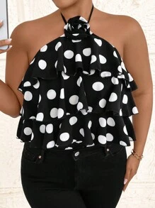 SHEIN Clasi Plus Size Summer Elegant Layered Ruffle Floral Decor Halter Bodysuit