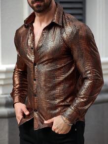 Manfinity Roghcode Men's Front Button Long Sleeve Shirt Collar Minimalist Casual Top, For Daily Wear - Bronze - View 1