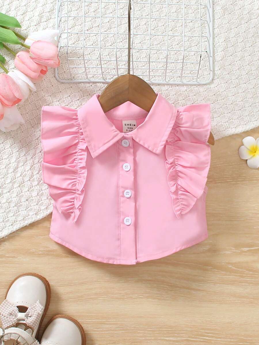 Baby Girls' Ruffled Asymmetrical Cap Sleeve Blouse, Summer - Pink - View 1