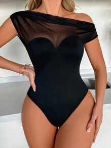 SHEIN Tall Sheer Mesh-Insert Sexy See-Through Bodysuit - Black - View 3