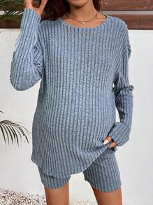 SHEIN Loose Sleeve Top Paired With Adjustable Waist Bodycon Shorts, 2 Pieces Maternity Set - Blue - View 3