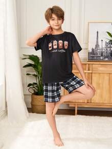 SHEIN Tween Boys' Casual Coffee Pattern Round Neck Short Sleeve T-Shirt And Plaid Pattern Shorts 2 Pieces Loose Lounge Set - Multicolor - View 5