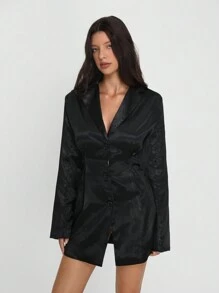 TRNVIE Solid Color Satin Textured Long A-Line Women's Suit Jacket