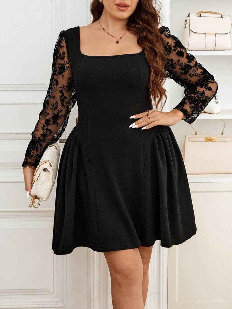 SHEIN Frenchy Plus Size Elegant Black Dress With Lace Panels, See-Through Mesh Cloth,Black Dresses For Women,Modest Dresses,Black Dress,Long Sleeves,Black Dress,Comfortable Dress,Split Pleated Waist, Square Collar Dress