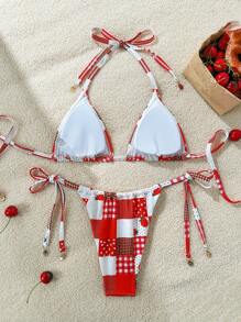 Swim Mod Summer Women's 2pcs Set Plaid Strawberry Print Bikini, Casual Beachwear - Multicolor - View 2