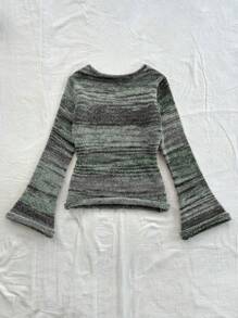 Soleia Women Vacation Colorful Stripe Flare Sleeve Crochet Knit Sweater, Fashionable