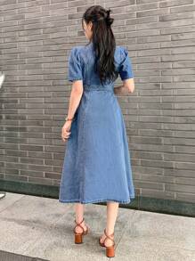 DAZY 女士优雅西式水洗铆钉泡泡袖翻领牛仔连衣裙，夏季 - 中等水洗藍 - 查看 2