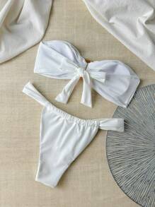 Swim Chiccia 女士夏季纯色抹胸金属点缀和丁字裤比基尼泳装套装，性感 - 白色 - 查看 3