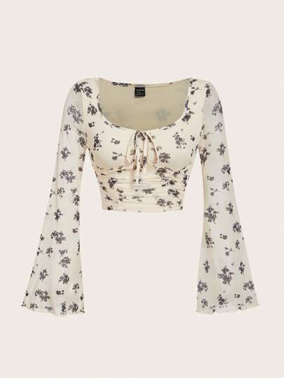 SHEIN MOD Women's Casual Floral Print Flare Sleeve Vintage T-Shirt,Winter,Renaissance,Long Sleeve Women Tops,Hippie Women,Christmas Women,Holiday Top,Vintage