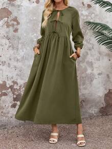 EMERY ROSE Vacation Outfits Woman Spring/Summer Vacation Dress ,Balloon Sleeve - Army Green - View 4