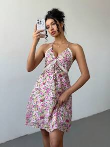 Breezaya Đầm hở lưng hở vai họa tiết ren hoa thanh lịch mùa hè cho nữ - Hồng - Xem 3