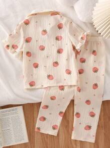 2pcs Young Girl Strawberry Print Ruched Fabric Short Sleeve Shirt & Ruffle Neck Shorts Set, Loungewear - Apricot - View 2