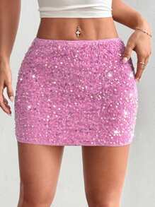 SHEIN Unity 性感闪亮亮片粉色迷你裙，女士，情人节 - 粉色 - 查看 1