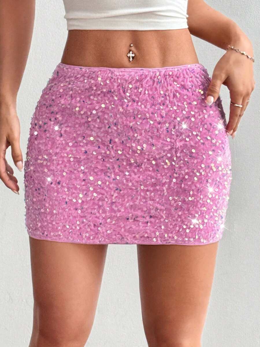 SHEIN Unity 性感闪亮亮片粉色迷你裙，女士，情人节 - 粉色 - 查看 1