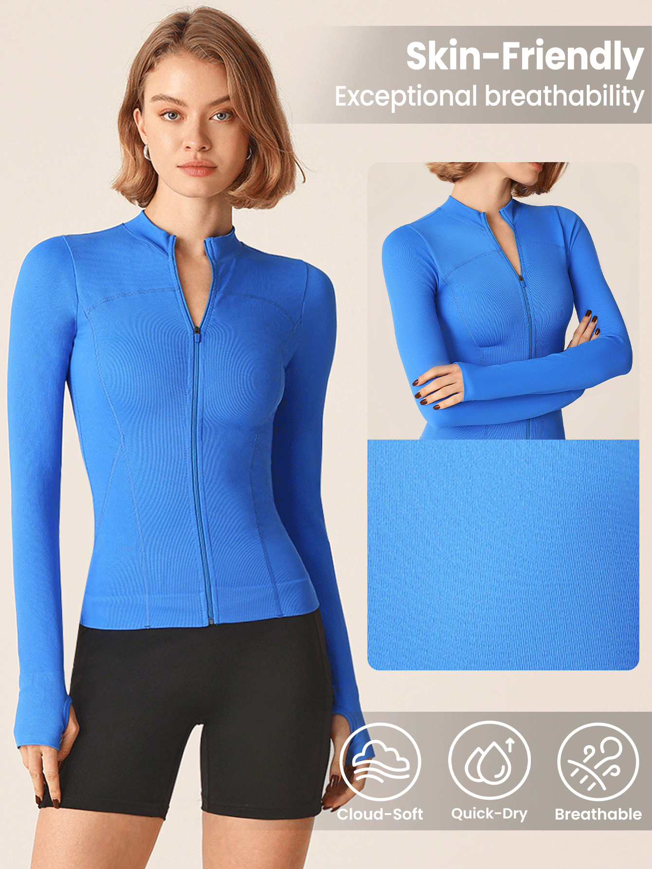 Lifespree Kvinnor Enfärgad Dragkedja Stativ Krage Långärmad Sömlös High Stretch Yoga Sport Jacka - Blå - Visa 5