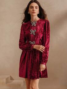 Anewsta Green Velvet Dress, Autumn Waisted - Hot Pink - View 3