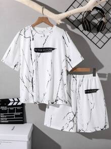 SHEIN Conjunto de camiseta de manga corta con estampado de letras y shorts informales para niño preadolescente - Blanco - Ver 7